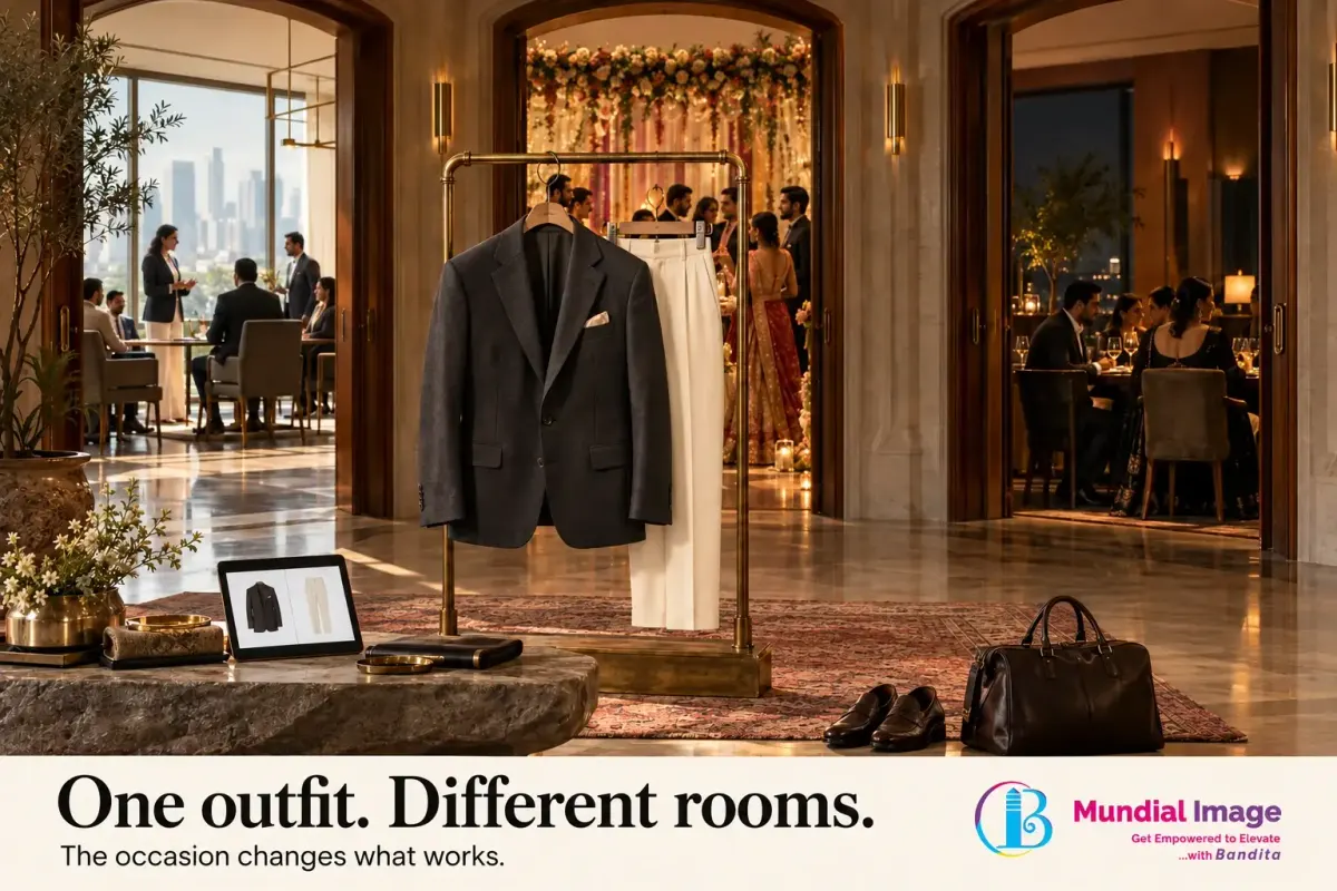 Charcoal blazer and cream trousers face a boardroom, wedding reception and business dinner in one cinematic scene.
