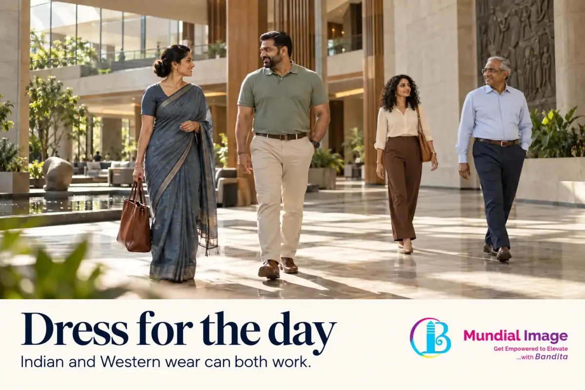 Indian professionals in a saree, polo and chinos, blouse and trousers, and collared shirt walk through a sunlit office atrium.