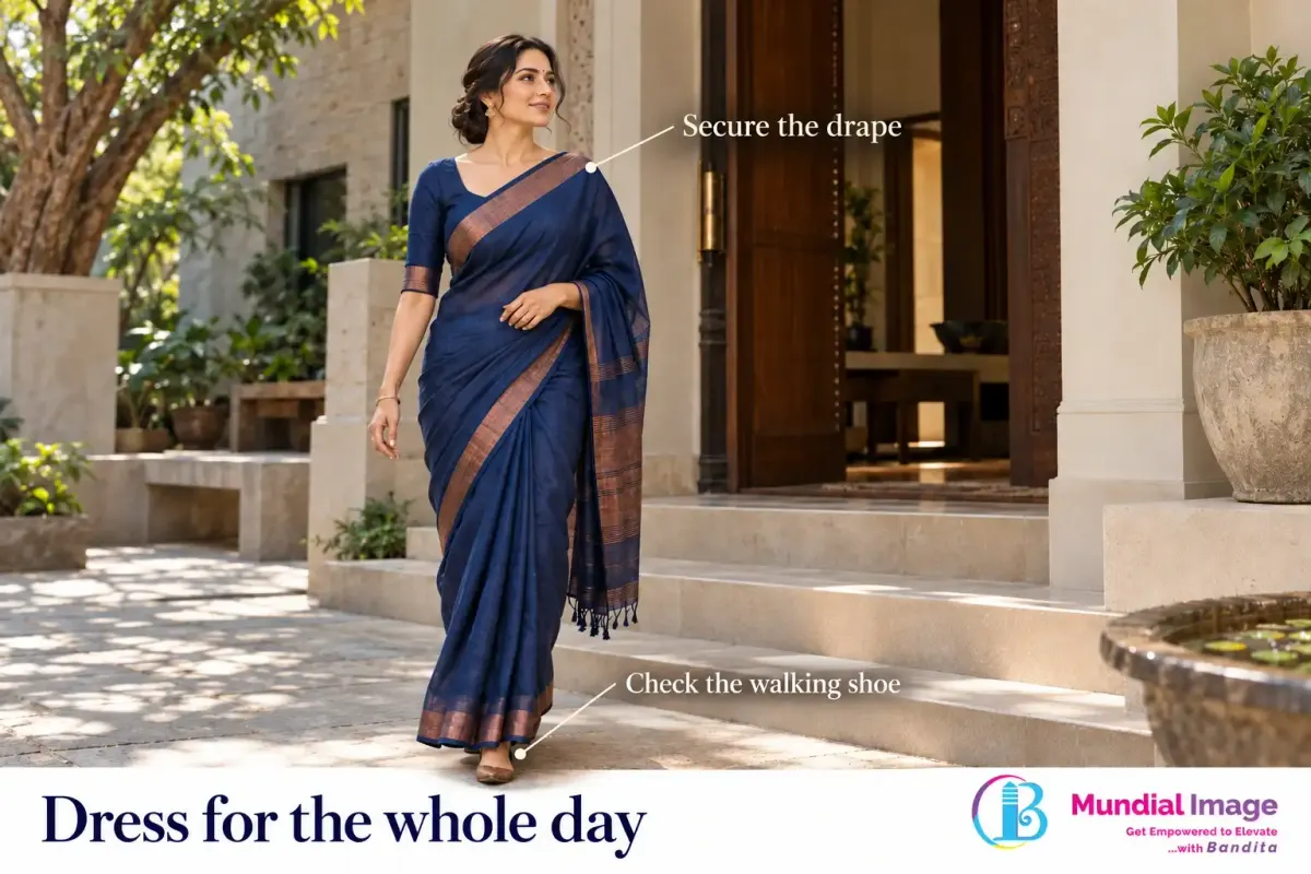Woman in an indigo saree at a home entrance, with callouts to the secured drape and walking hem.
