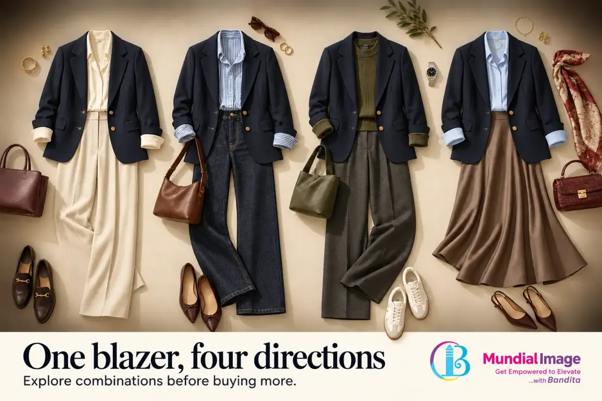 Four outfit combinations use the same navy blazer with different shirts, trousers, a skirt and shoes.