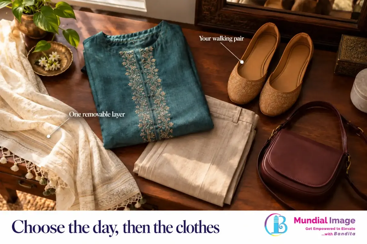 Teal kurta, cream fabric, neutral shoes and a compact bag laid out for a day with several stops.