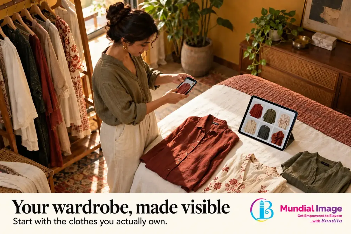 Woman photographs clothes from her wardrobe beside a tablet showing garment thumbnails.