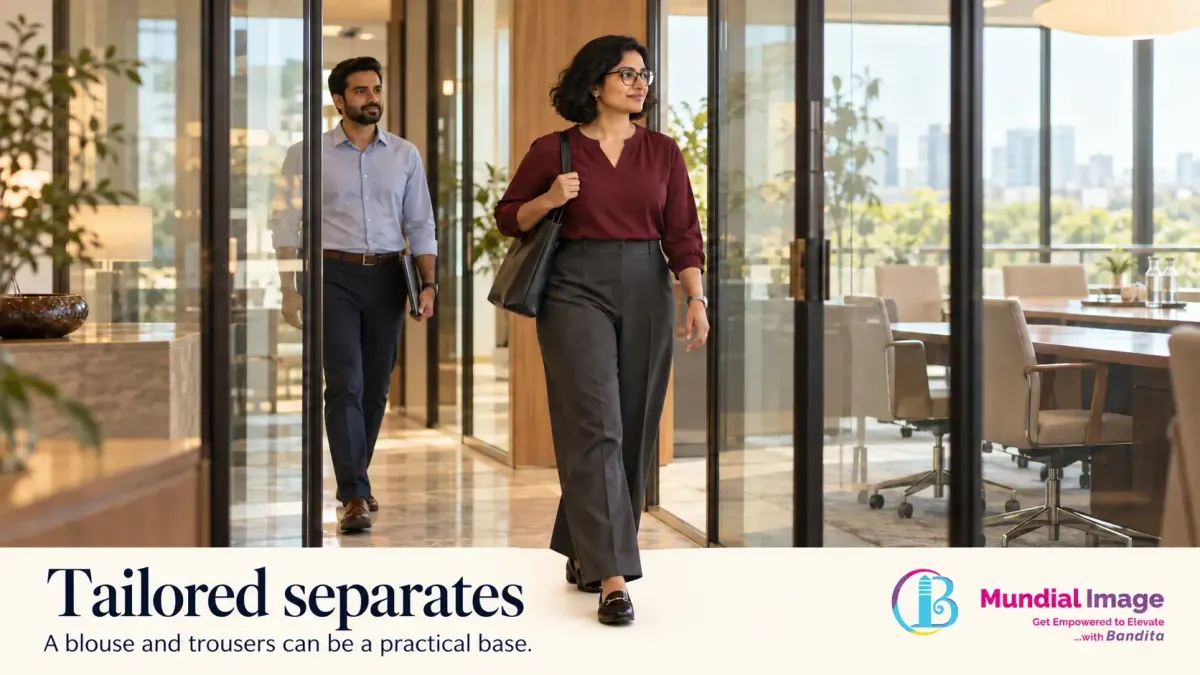 A woman in a burgundy blouse and charcoal tailored trousers walks through a bright corporate office corridor.