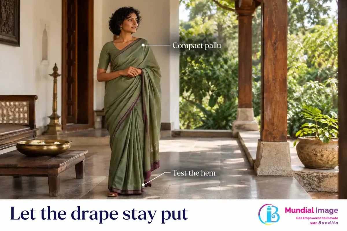 Woman in a muted green saree with a contained pallu and hem clearing the floor.