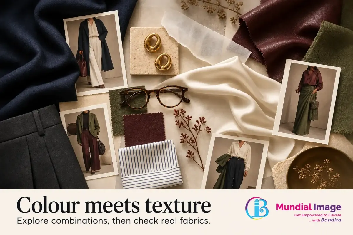 Tactile moodboard combines navy wool, cream silk, olive fabric, burgundy leather and outfit photographs.