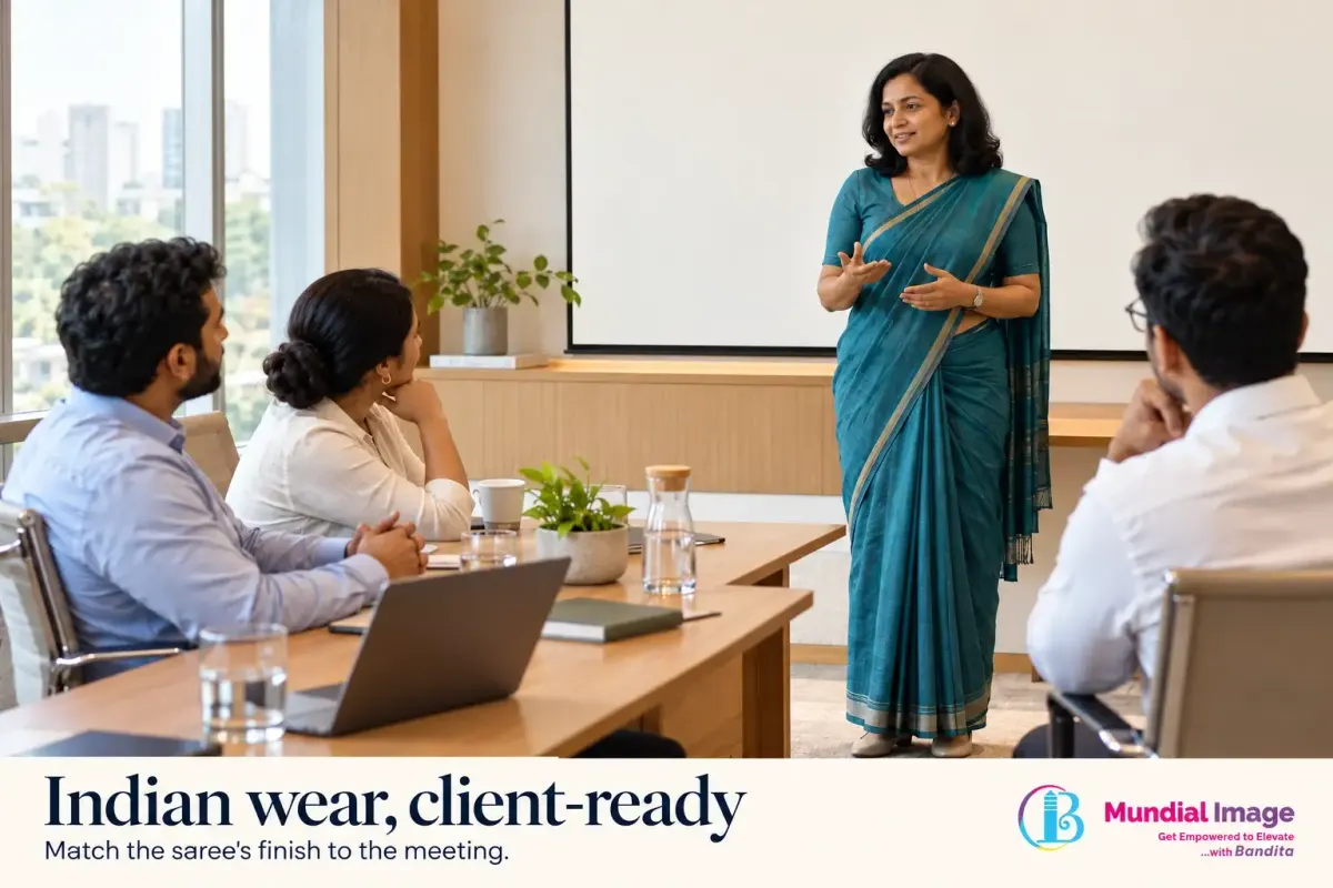 An Indian woman in a teal saree presents to colleagues in a sunlit meeting room.