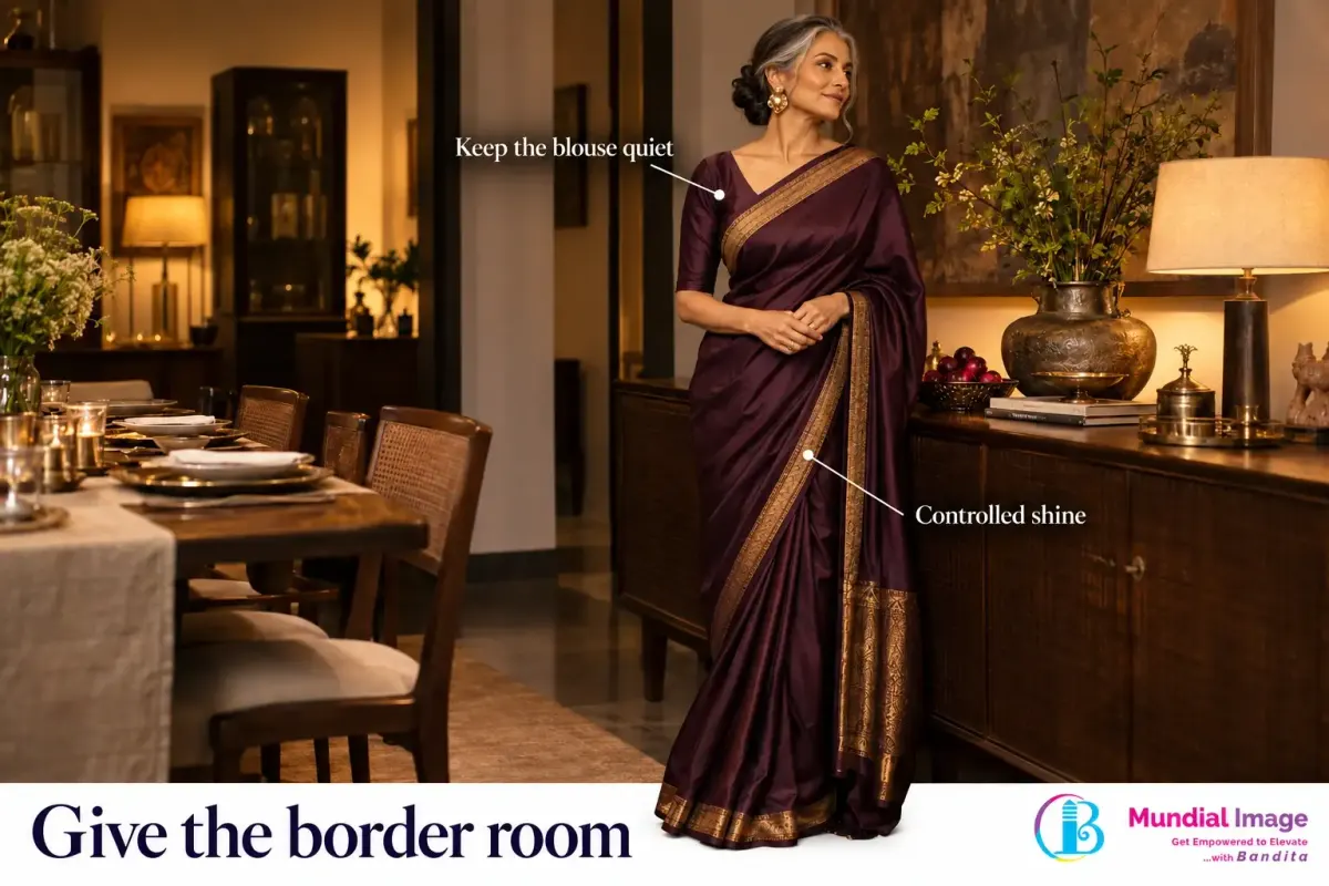 Woman in a wine-coloured evening saree with a restrained reflective border.
