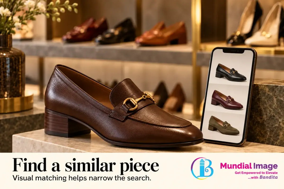 Brown leather loafer sits beside a phone displaying visually similar shoes.