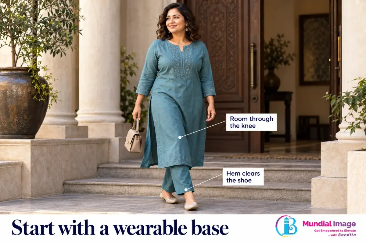 Woman walking in a teal kurta set with relaxed trousers and clear ankle hems.