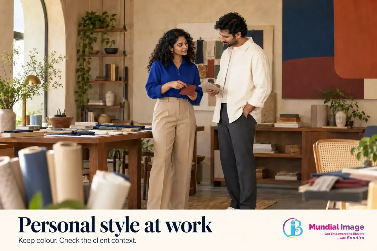 Creative professionals compare material samples in a studio, wearing a cobalt blouse with sand trousers and an ivory overshirt.
