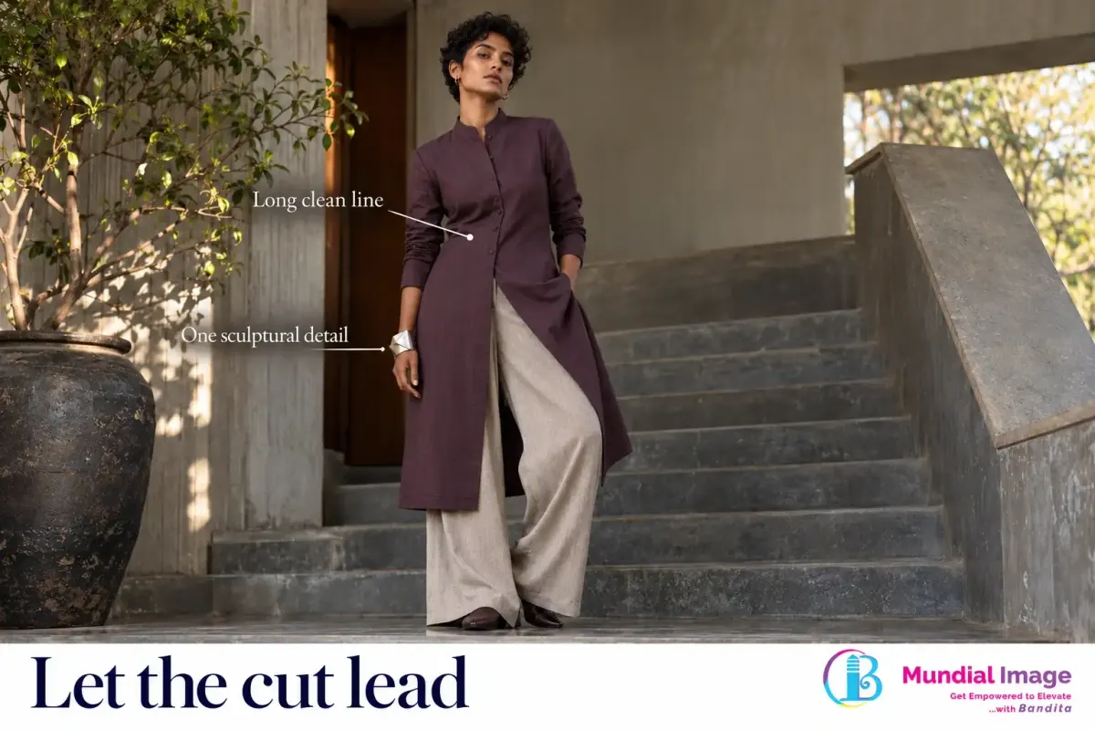 Woman in a long asymmetric plum tunic with neutral trousers and a cuff.
