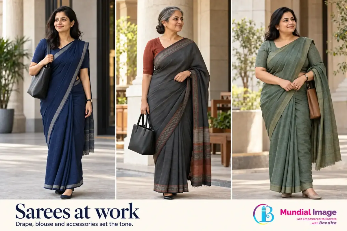 Three women wear indigo, charcoal and moss-green sarees with restrained workwear accessories.