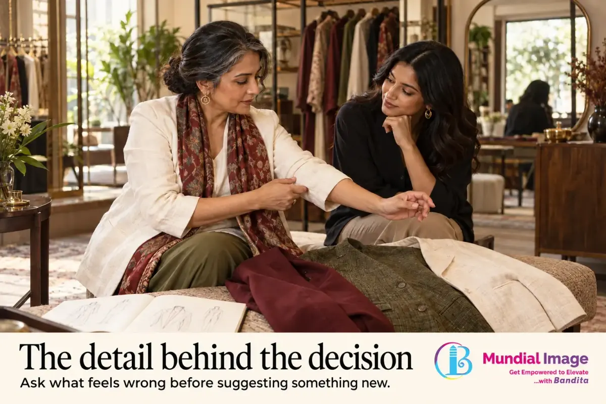 Client demonstrates a sleeve comfort issue while an image consultant listens beside a selection of garments.