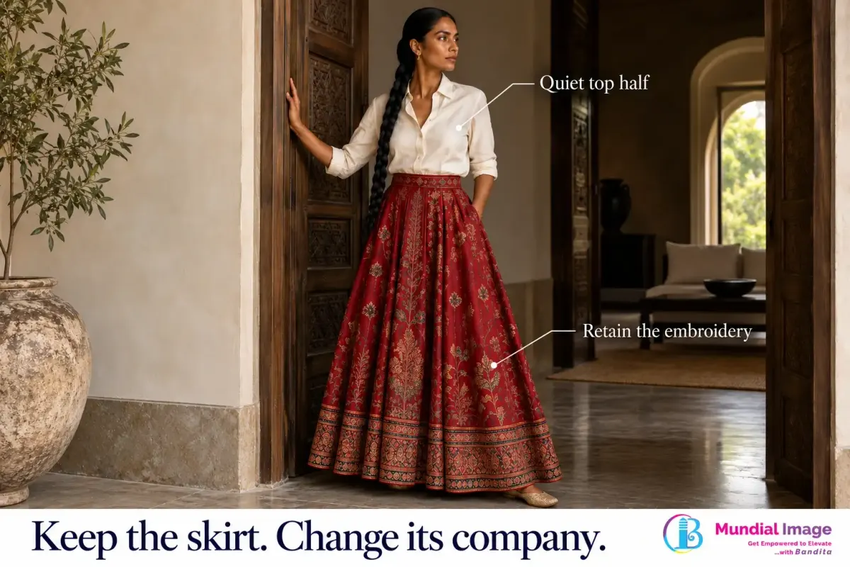 Patterned festive skirt paired with a plain pale shirt in an architectural interior.