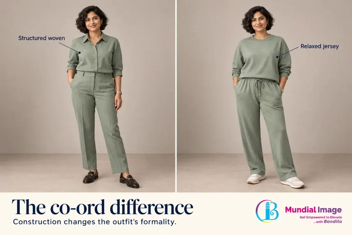 The same woman wears a structured woven sage co-ord and a softer jersey lounge co-ord in a side-by-side comparison.