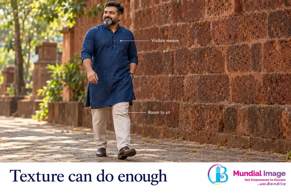 Man in a textured blue kurta and neutral trousers, shown full length.