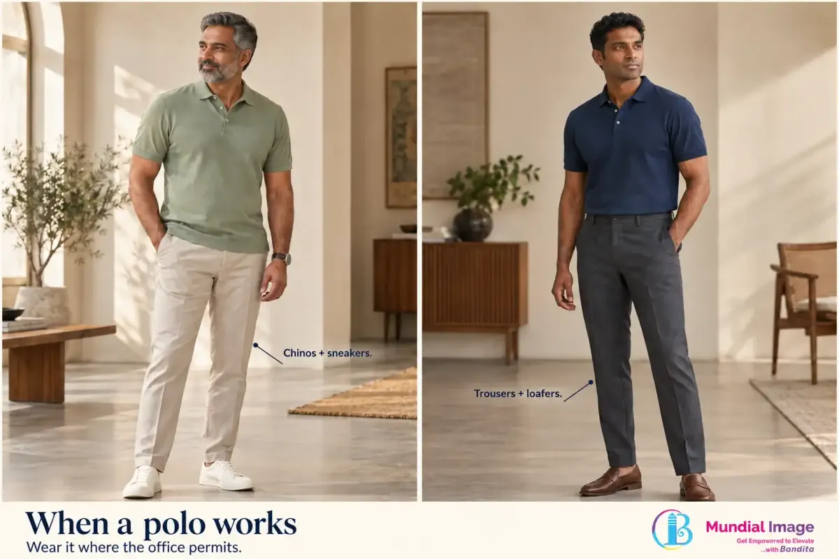 Two men wear sage and navy polos with chinos or tailored trousers and different footwear.