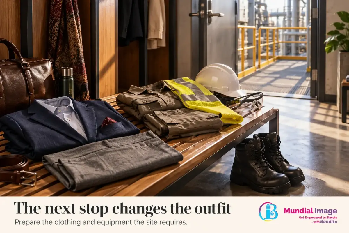 Office clothing and site equipment illustrate a workday that includes both a review meeting and a site visit.