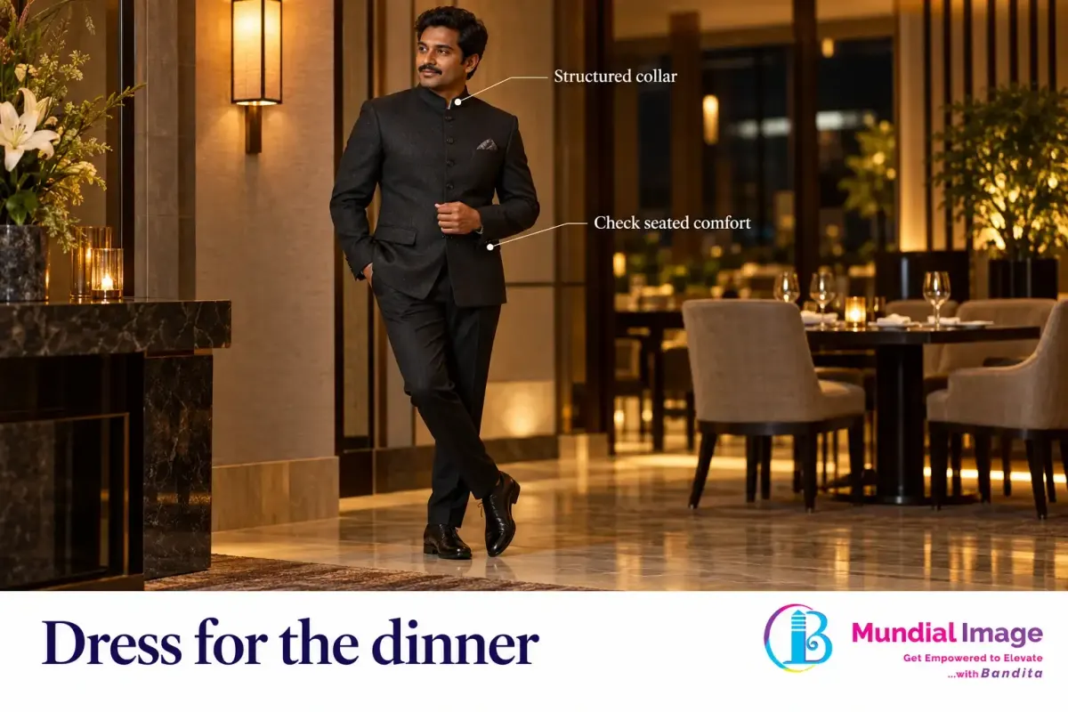 Man in a dark bandhgala at an indoor evening dinner venue.
