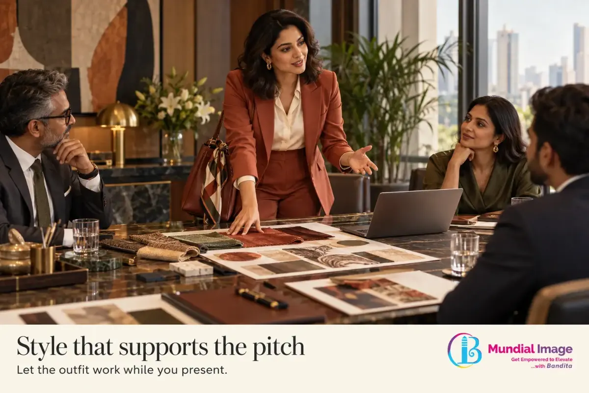 Woman in a terracotta suit presents materials during an important client pitch.