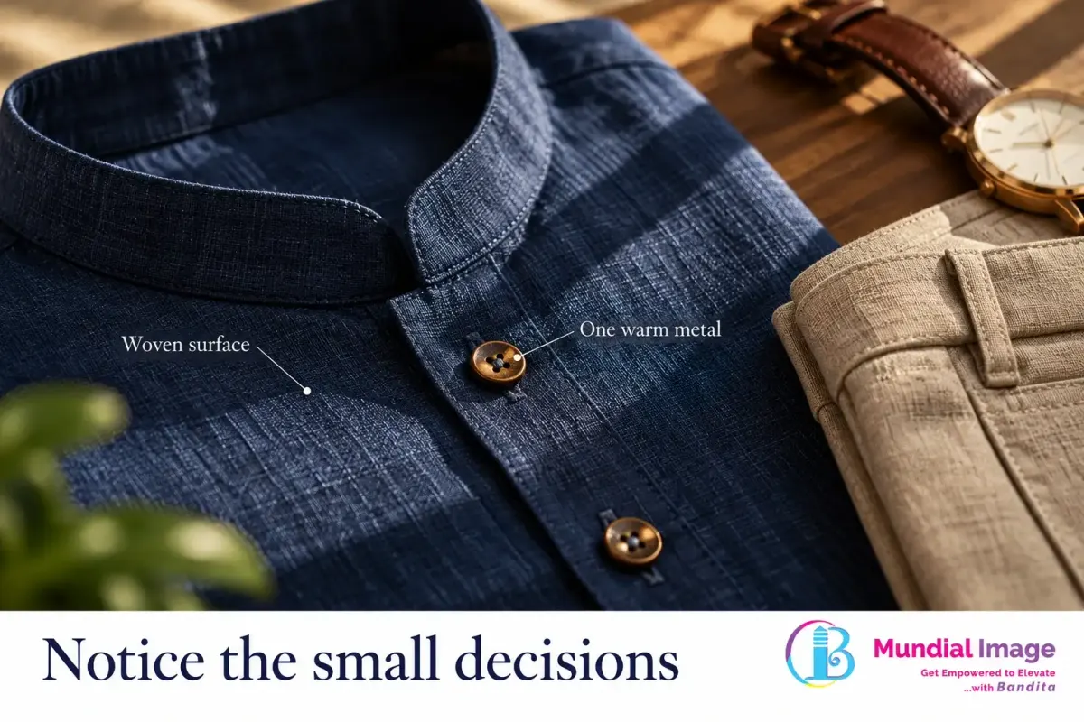 Close-up of an indigo collar, small gold button, neutral trousers and watch.