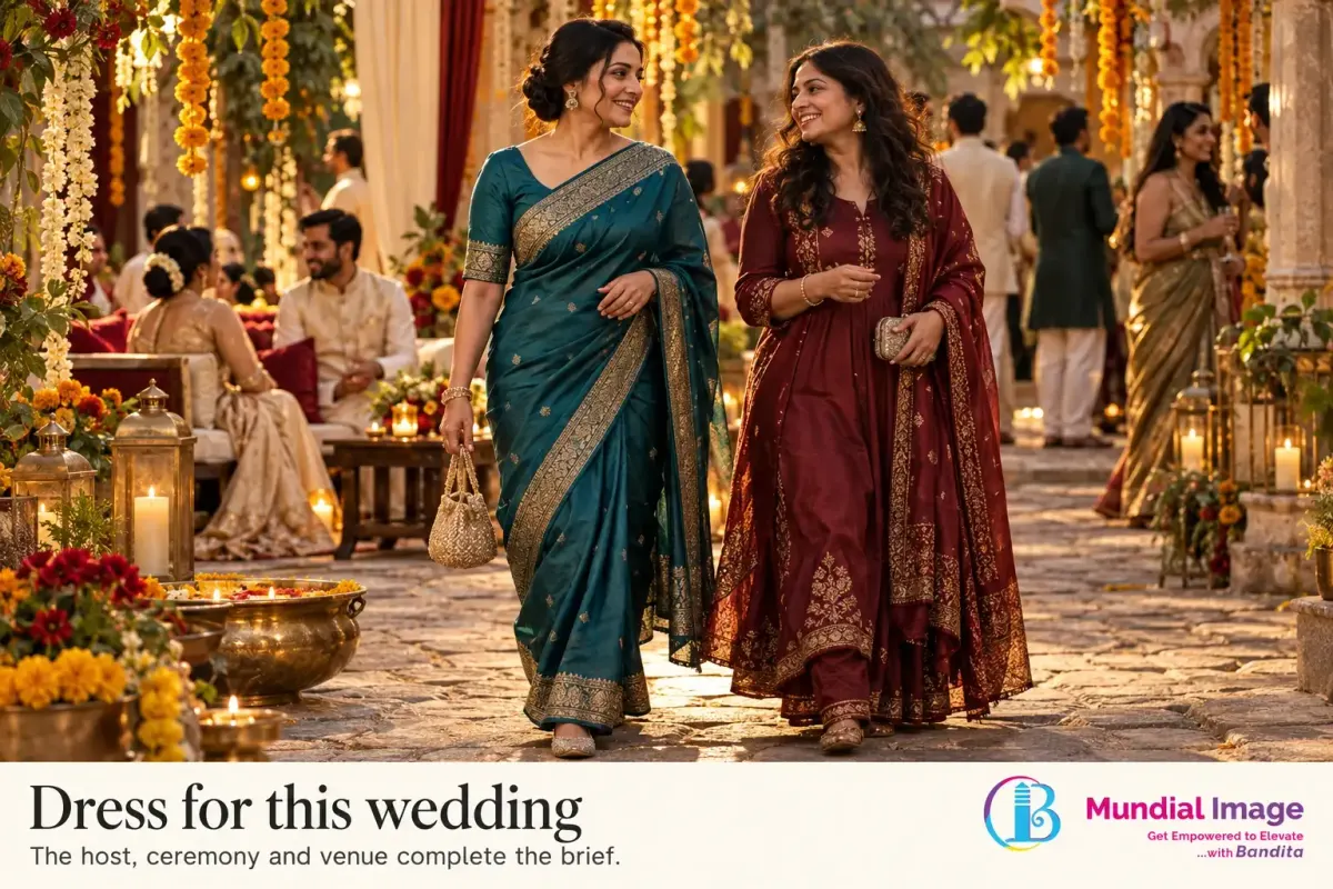 Wedding guest in a teal saree walks through a heritage courtyard with another guest.