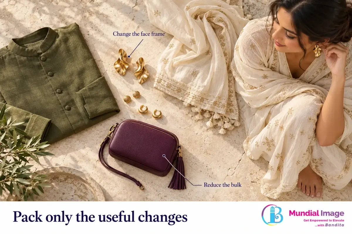 Kurta, cream drape, compact purple bag and jewellery arranged as a transition kit.