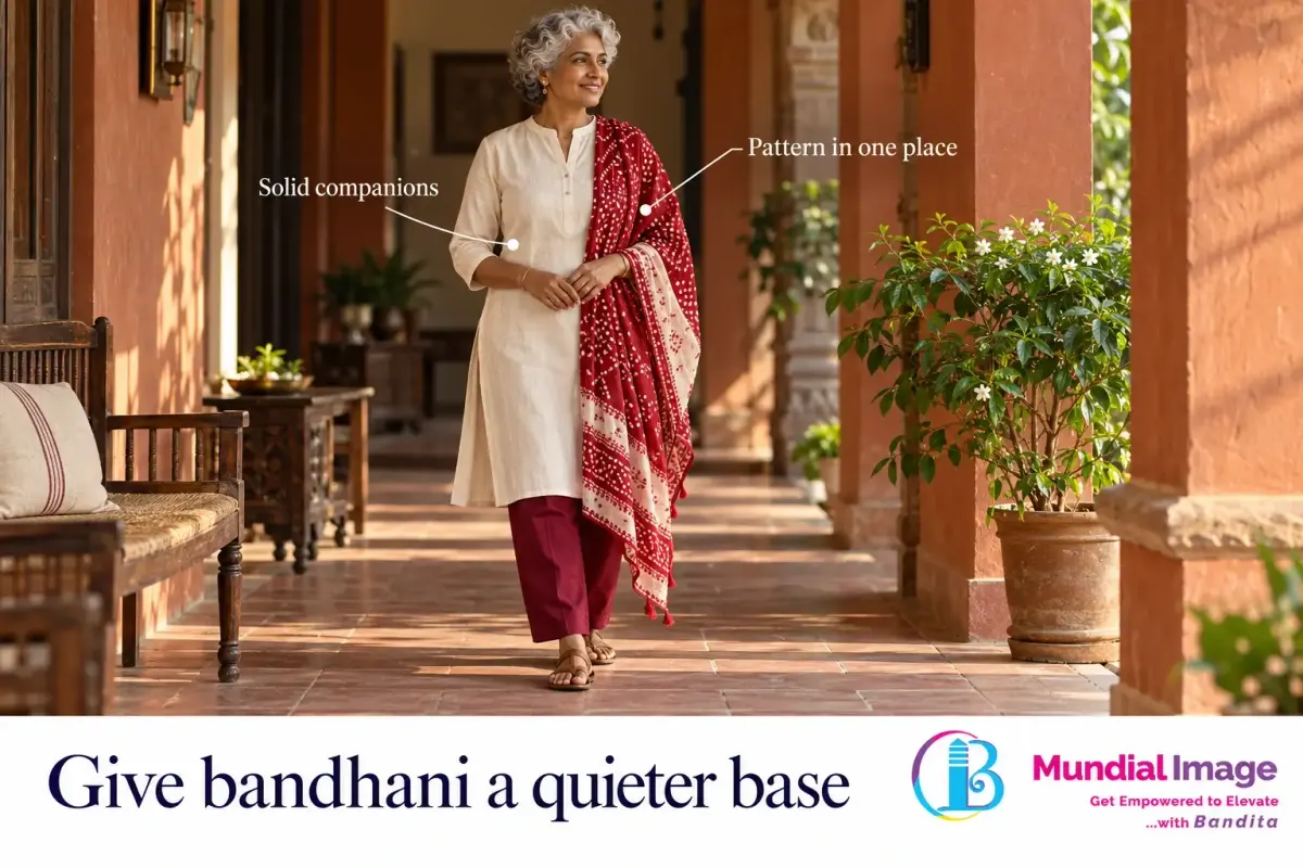 Woman wearing a red bandhani dupatta over a quiet ivory kurta base.