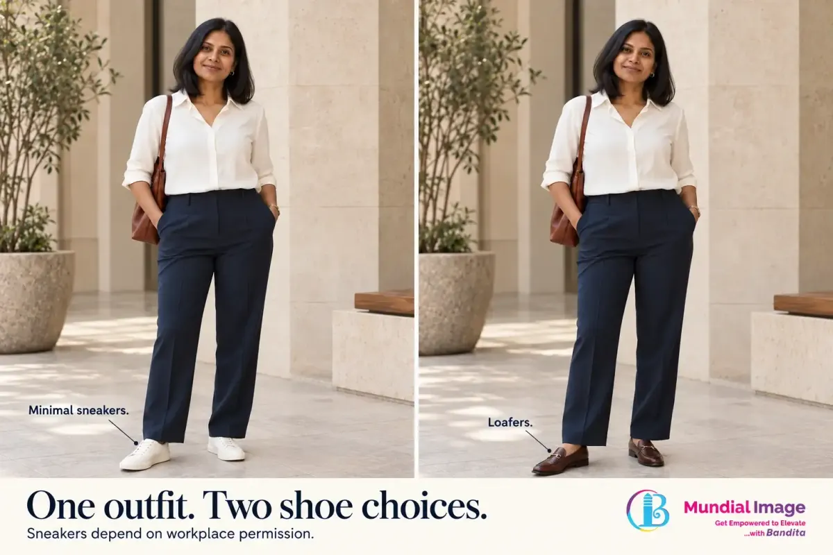 The same woman wears an ivory shirt and navy trousers with sneakers in one view and loafers in another.