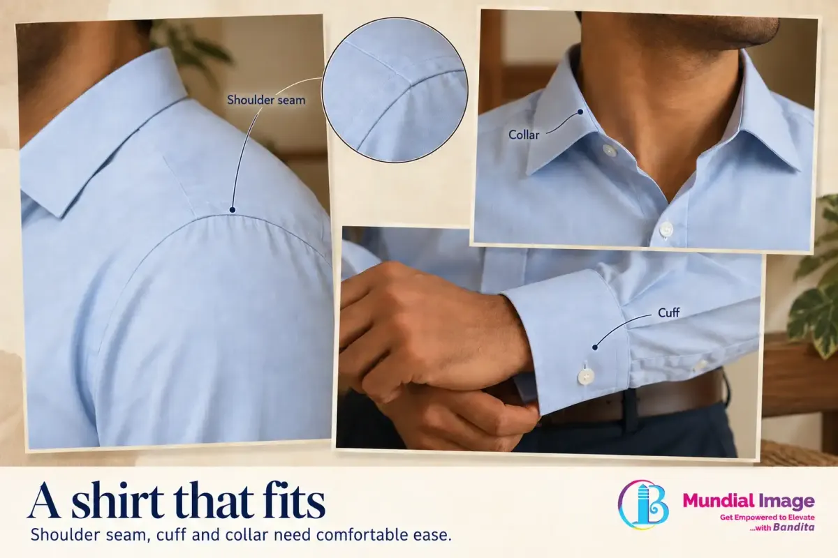 Close-ups of a shirt shoulder seam, cuff, wrist and collar show comfortable tailoring details.
