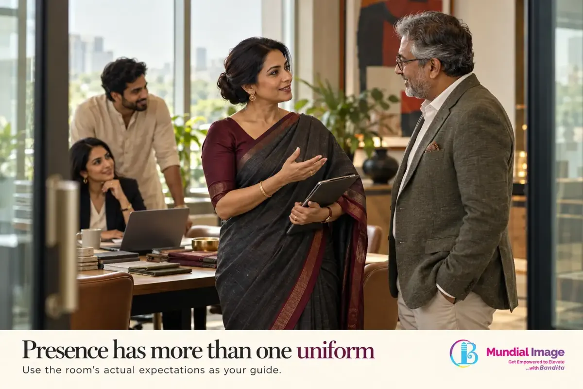 Senior woman in a saree speaks with a stakeholder in a professional meeting.