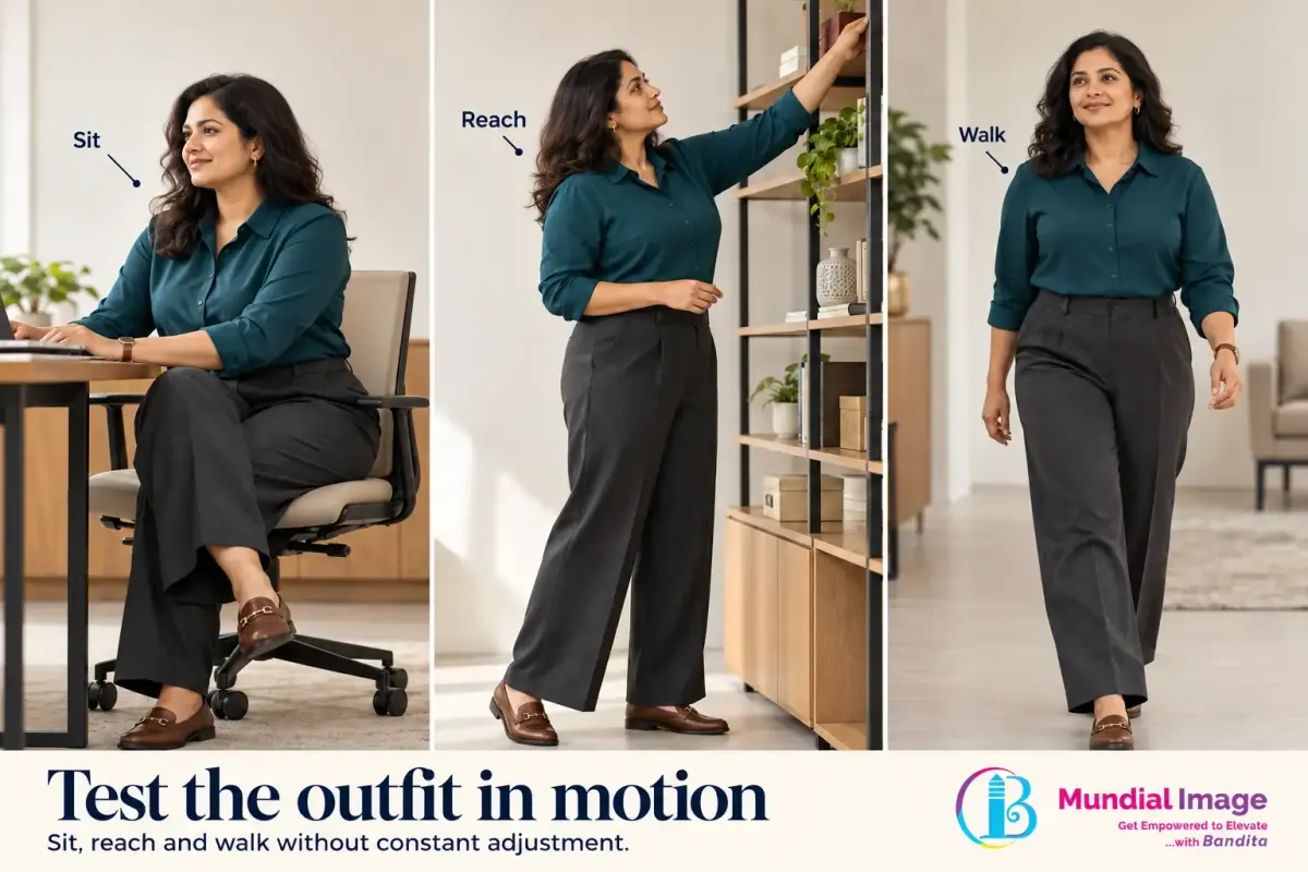 The same woman in a teal blouse and charcoal trousers sits, reaches and walks to demonstrate clothing movement.