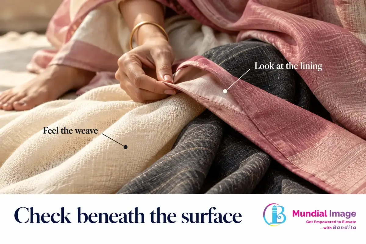 Hands inspecting a pink textile and its contrasting smooth lining.