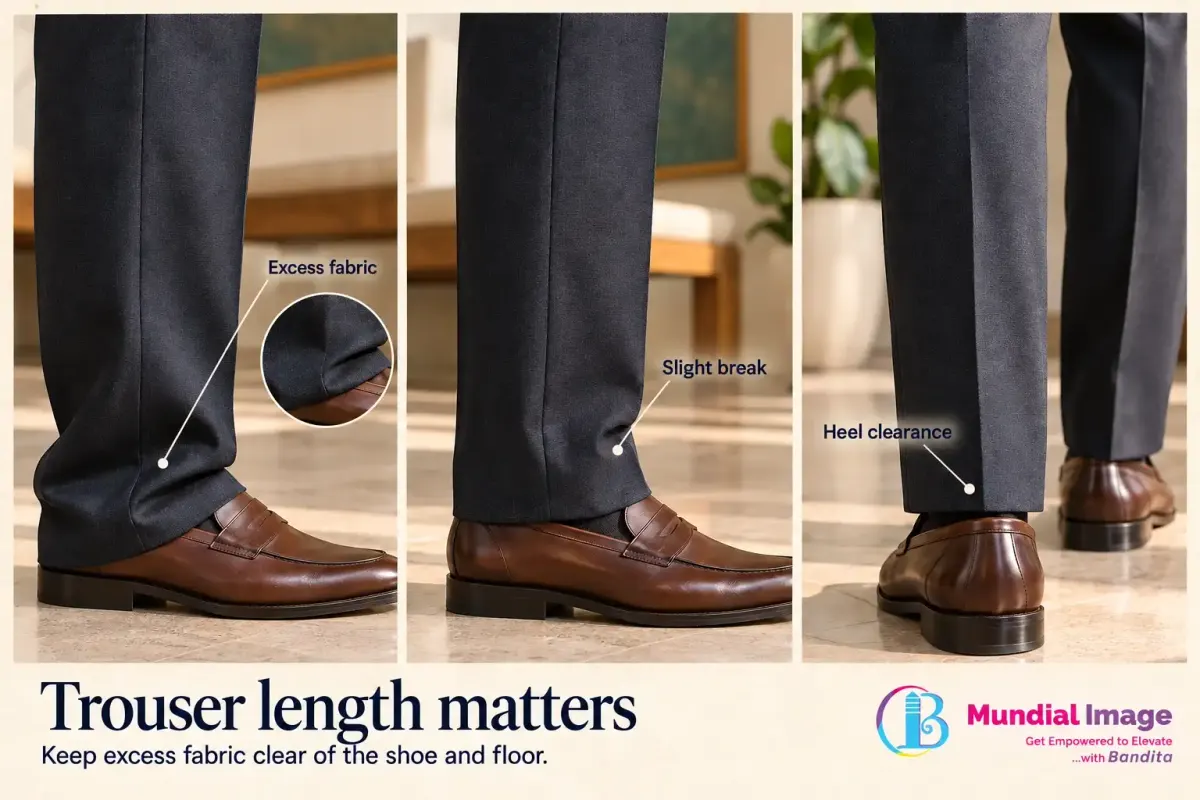 Close-up trouser views show excess hem fabric, a slight break and clearance above the heel.