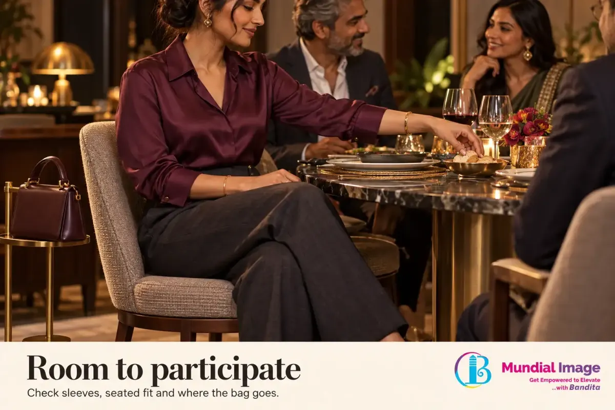 Seated dinner guest reaches towards the table with sleeves clear and a handbag on a nearby stand.