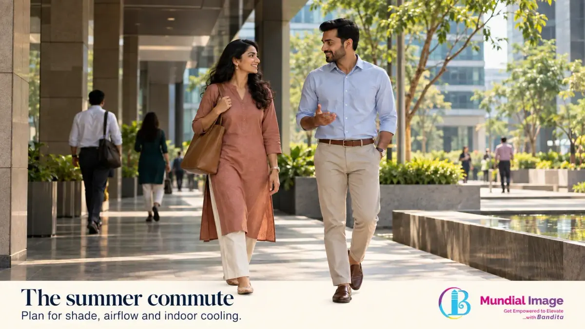 Indian professionals in a light kurta outfit and shirt with trousers walk beneath a shaded arcade in summer.