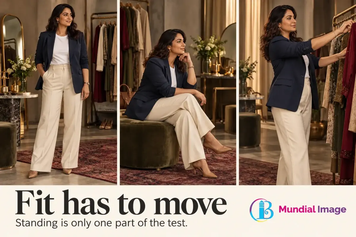 Same navy blazer and cream trousers shown while standing, sitting and reaching.