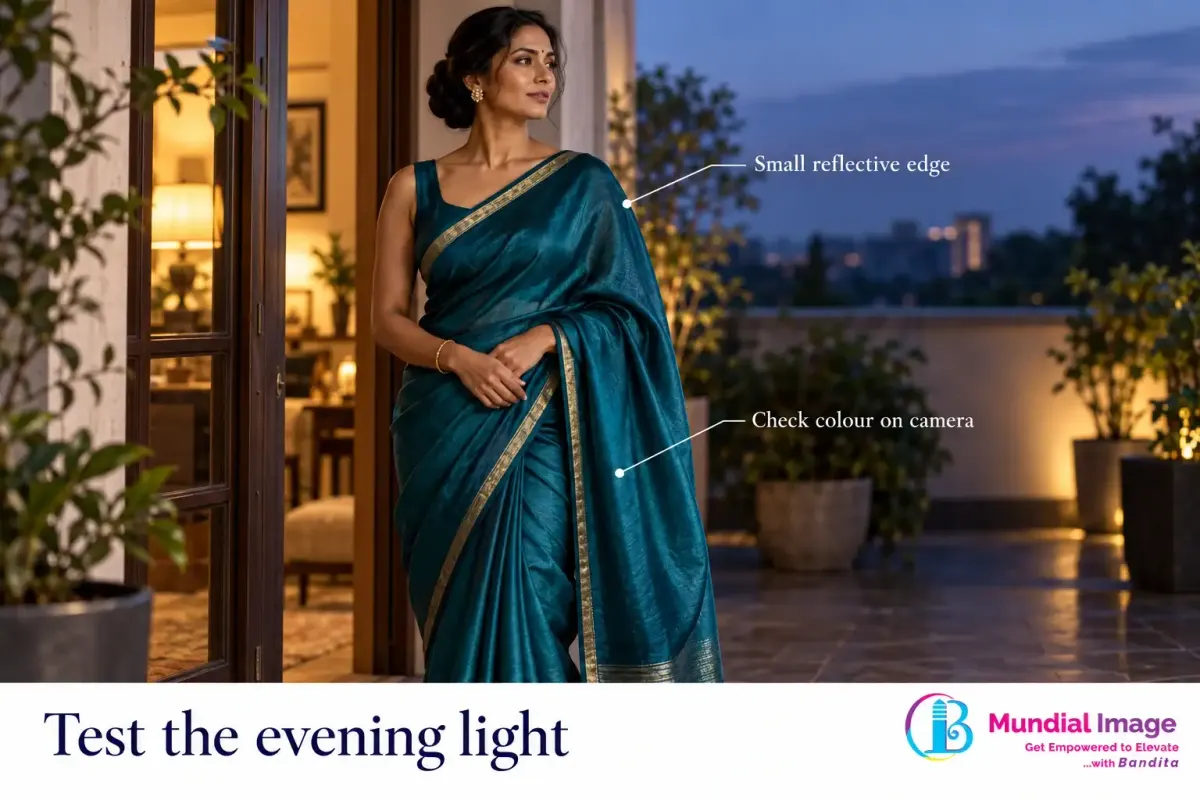 Woman in a teal saree at twilight, with a small reflective border.