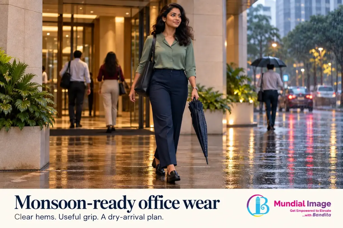 A woman arrives at a covered office entrance after rain, with clear trouser hems, practical shoes and a closed umbrella.