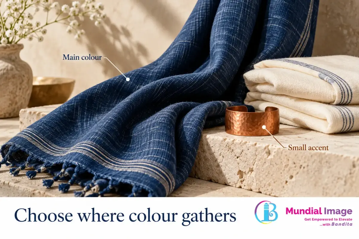 Indigo and ivory fabrics beside a hammered copper cuff, illustrating unequal colour proportions.