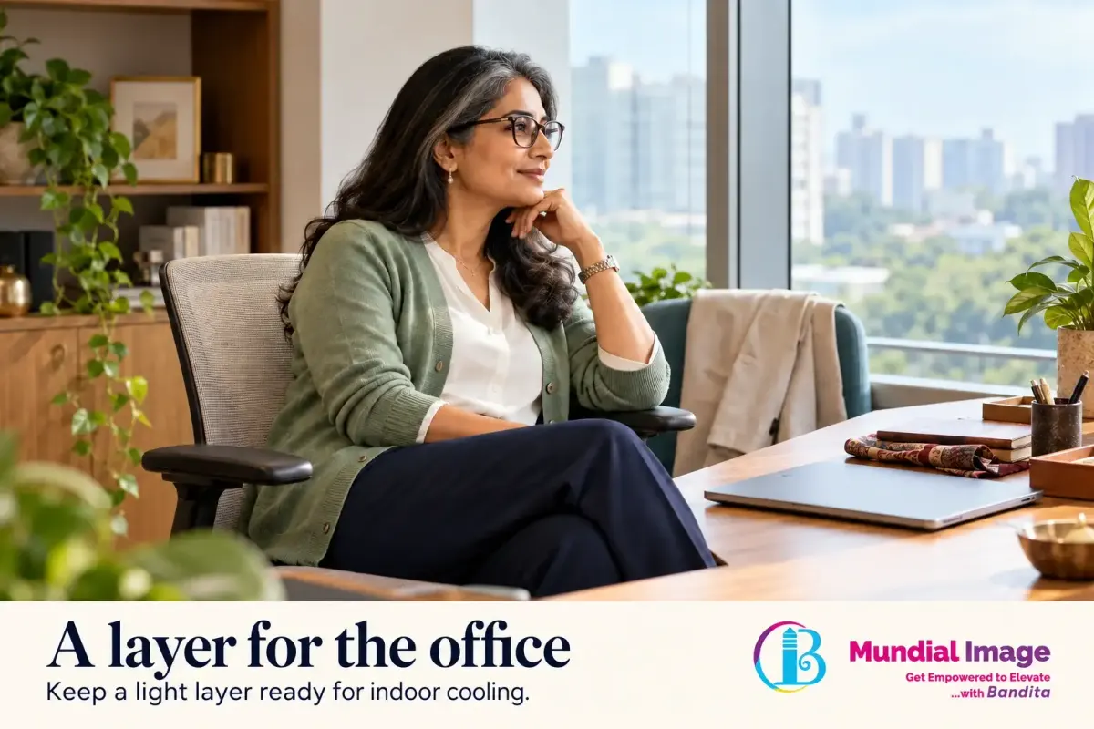 A professional woman wears a fine cardigan over a blouse at her desk, with an extra layer nearby.