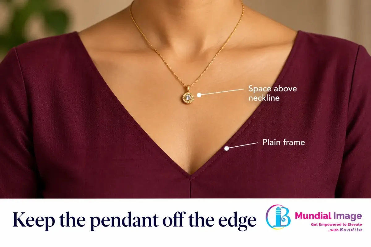 Gold pendant placed above the V-shaped edge of a plain wine neckline.