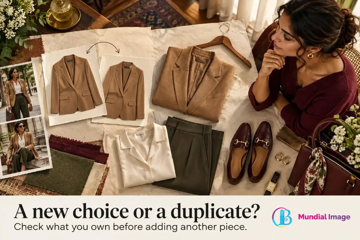 Two similar camel jacket cutouts sit beside an existing jacket and coordinated wardrobe pieces.