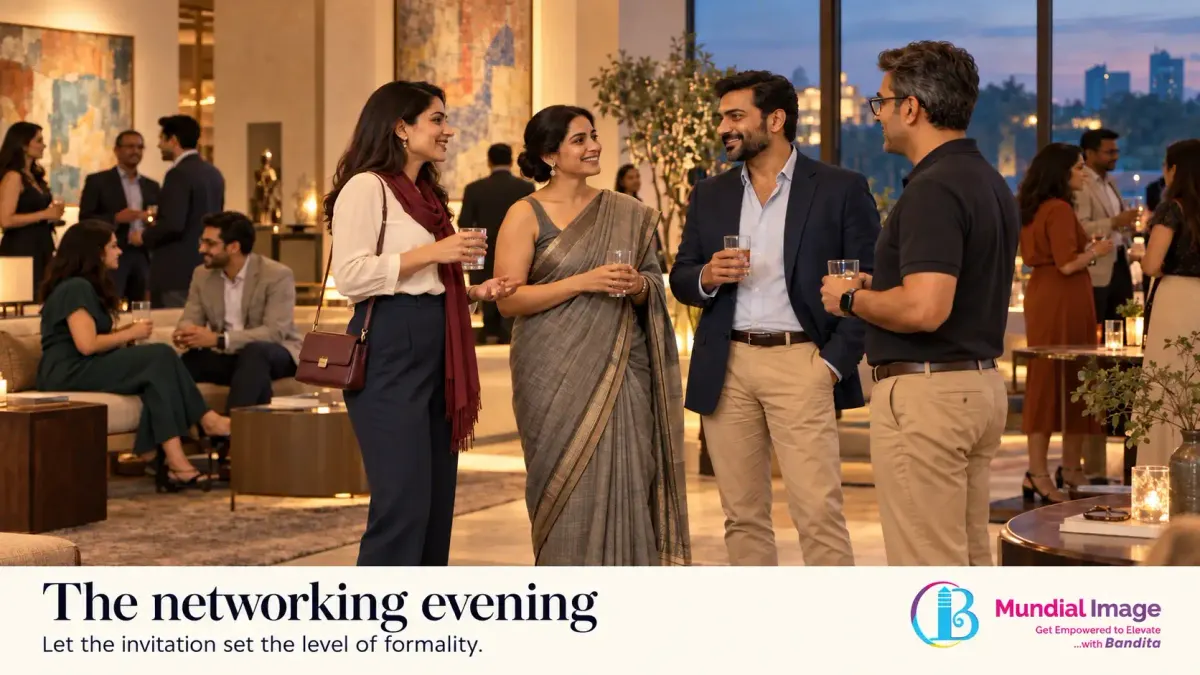 Professionals in saree, tailored separates, a blazer and a polo converse at a warmly lit networking reception.