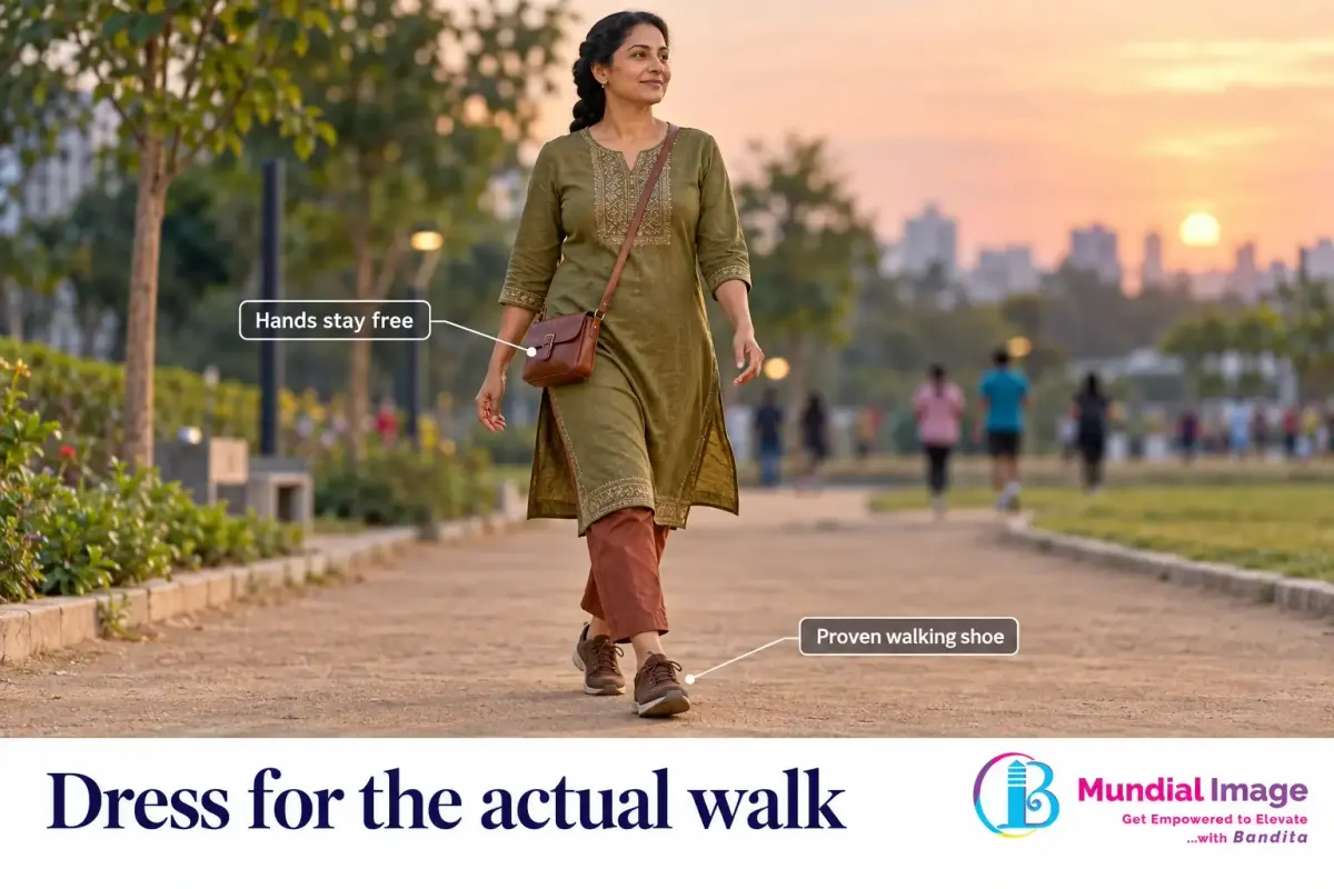 Woman in an olive kurta and ankle-clear trousers walking outdoors with supportive shoes and a crossbody bag.