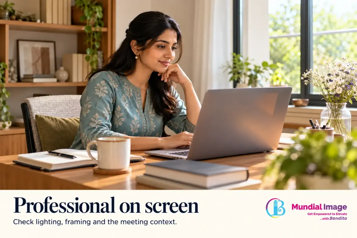 A woman in a teal kurta attends a virtual meeting in a softly lit home office.