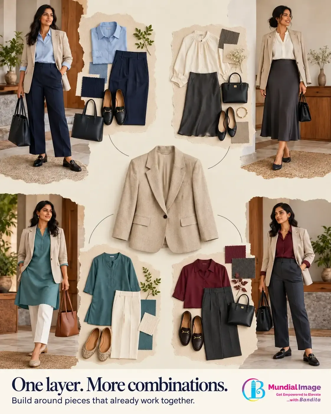 An oatmeal blazer sits at the centre of a text-free paper moodboard connected to four coordinating outfit combinations.