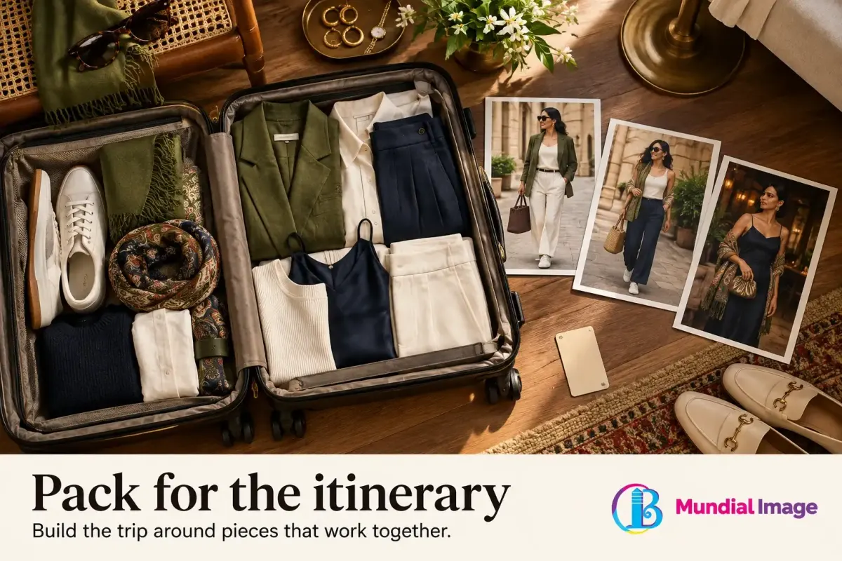 Open suitcase contains a coordinated capsule wardrobe beside photographs showing outfit combinations.