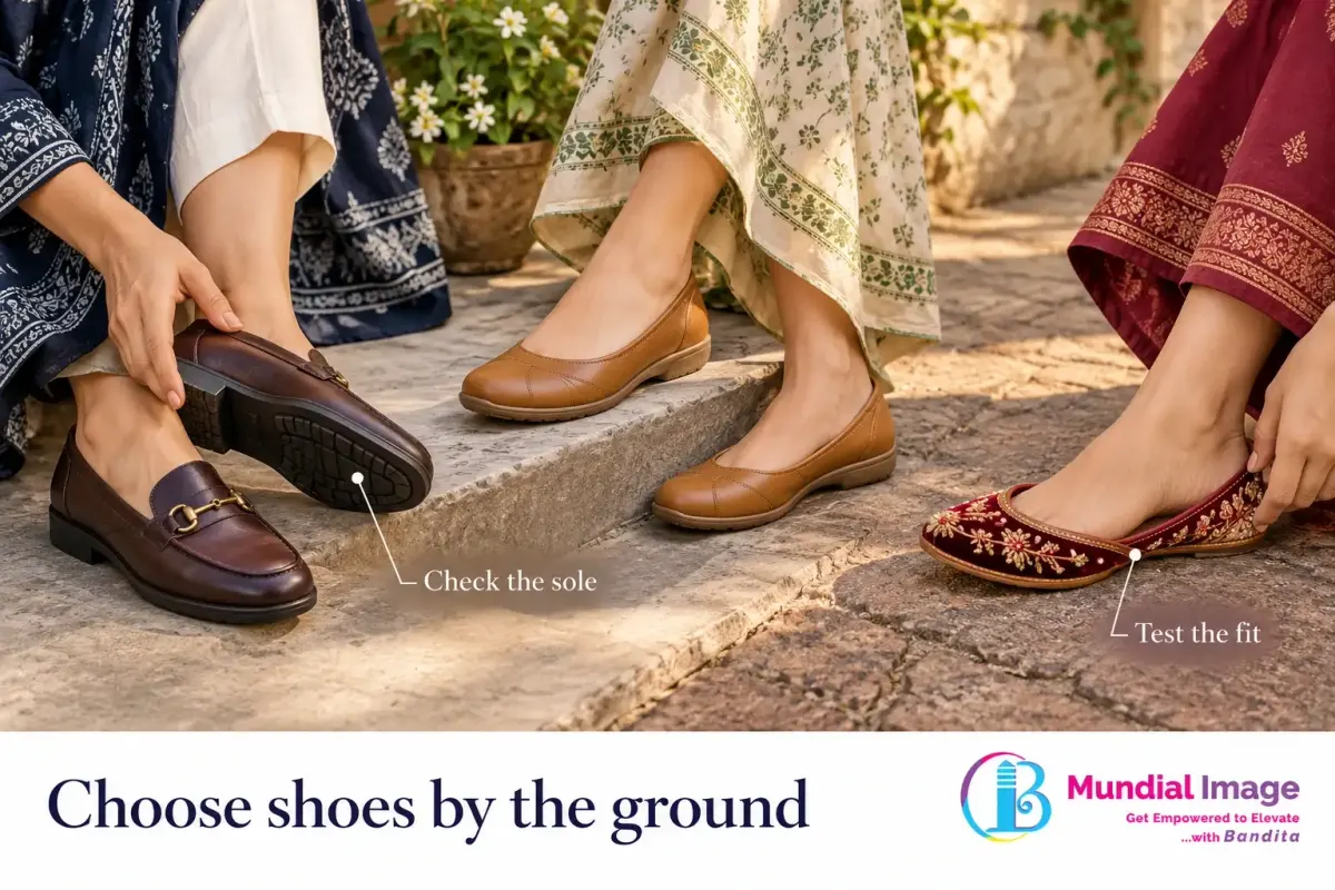 Three footwear choices on stone ground, with callouts to sole grip and fit.