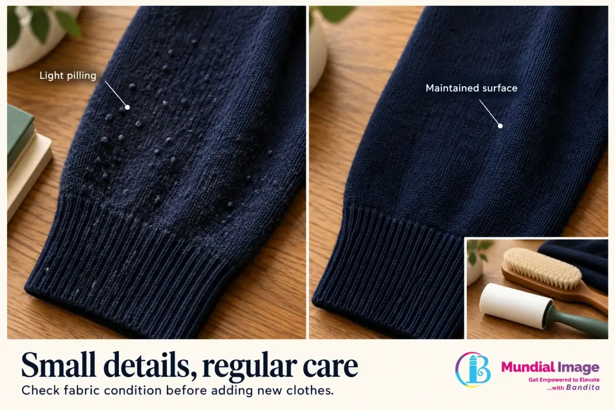 Paired close-ups show a navy knit sleeve with light pilling and a maintained knit surface.